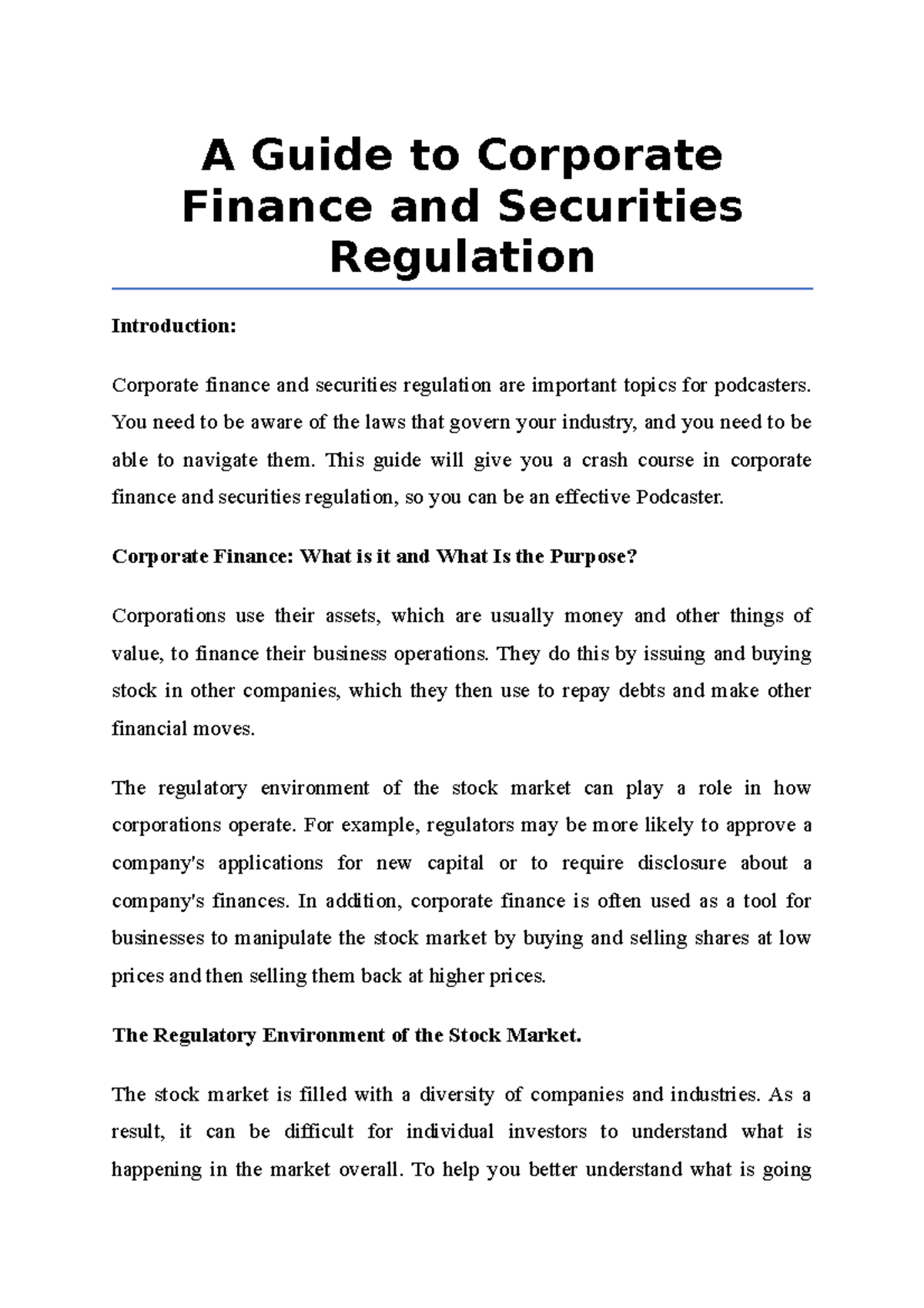 A Guide to Corporate Finance and Securities Regulation - A Guide to ...