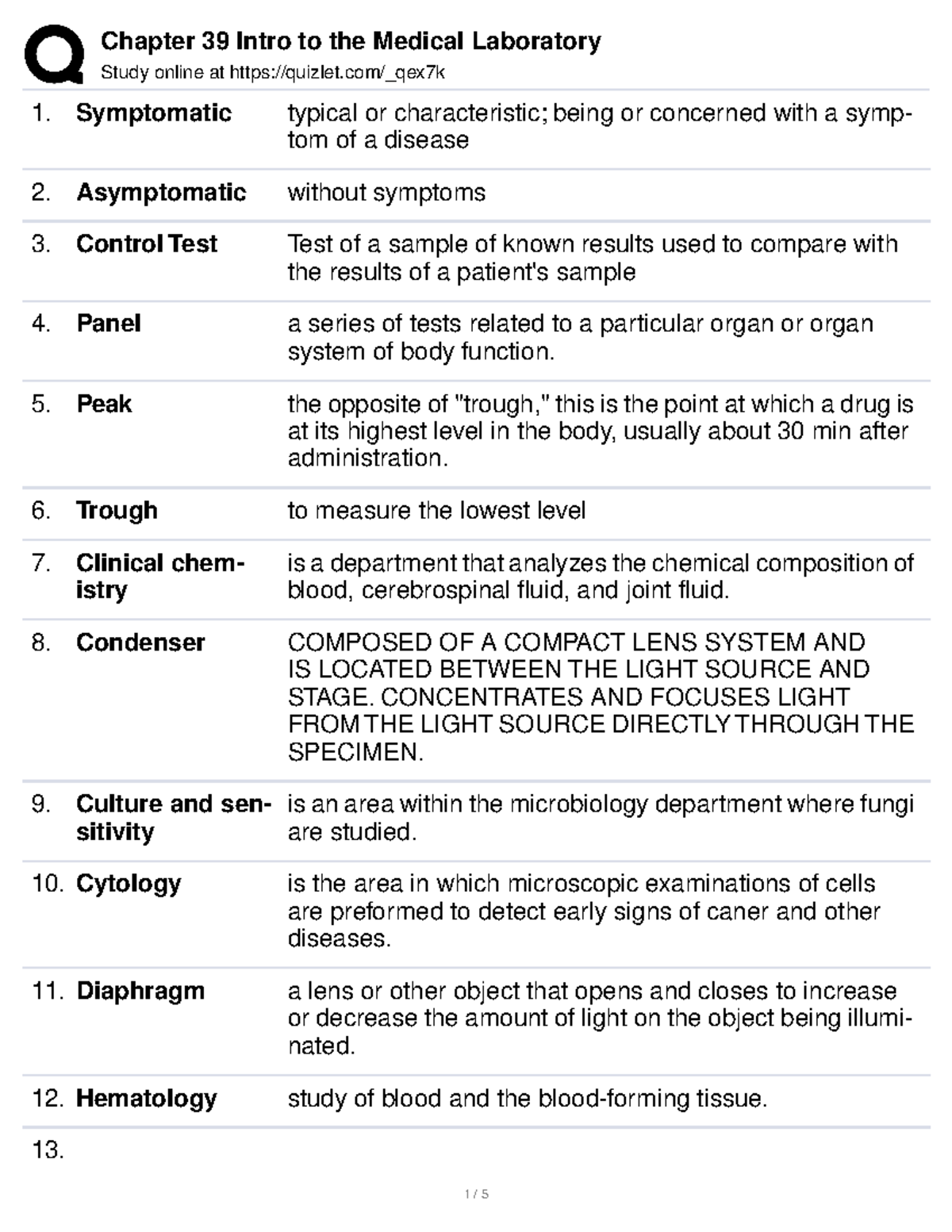 Chapter 39 Intro to the Medical Laboratory Study online at quizlet