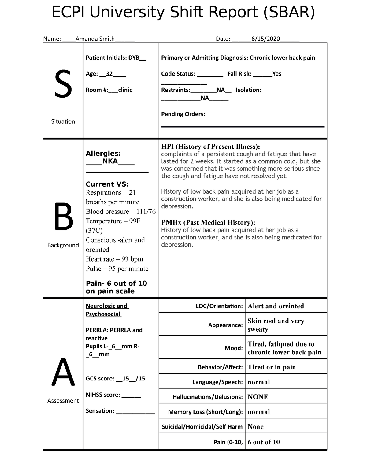 SBAR RN Med Surg DYB - ECPI University Shift Report (SBAR) Name: Amanda ...