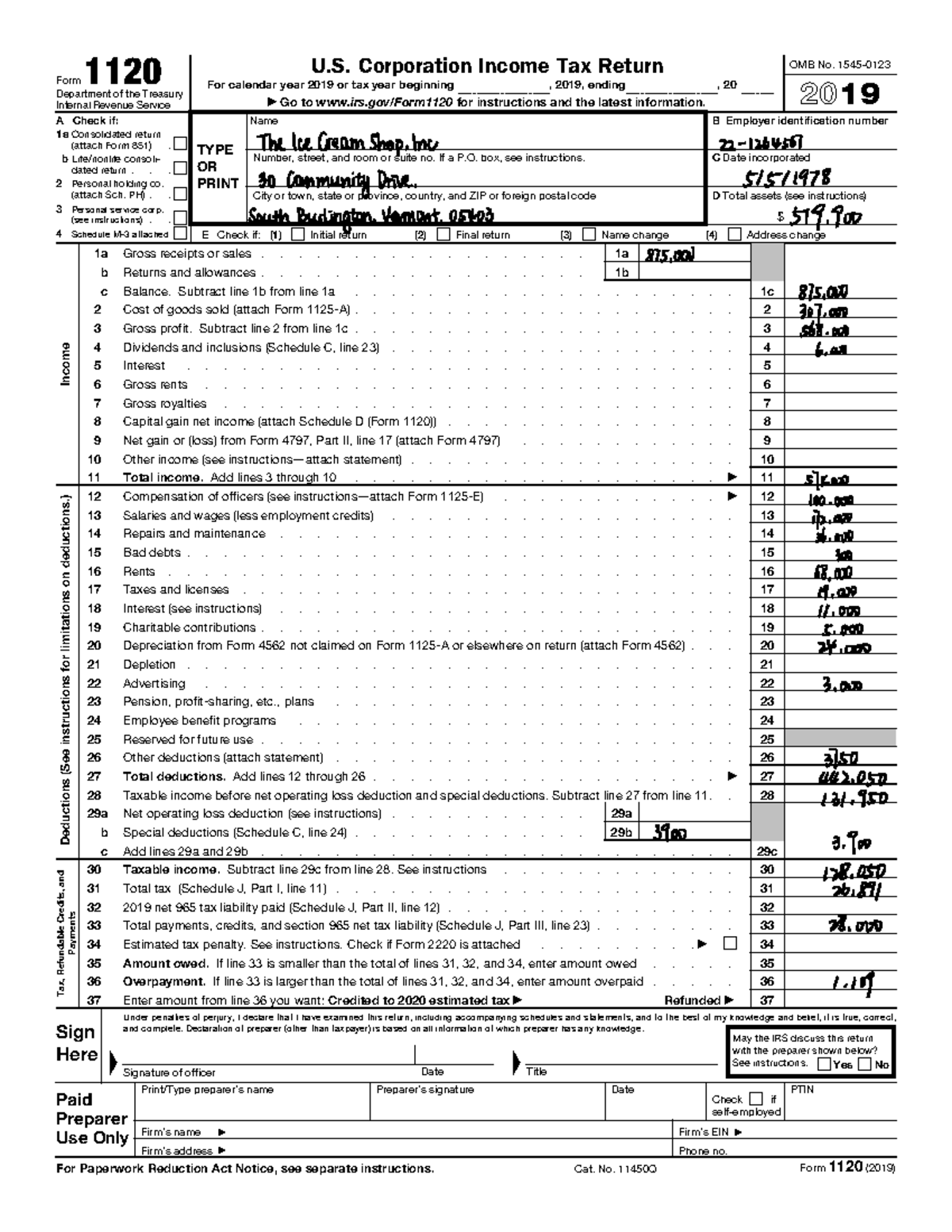 F1120 - Useful CHart - Form 1120 Department of the Treasury Internal ...