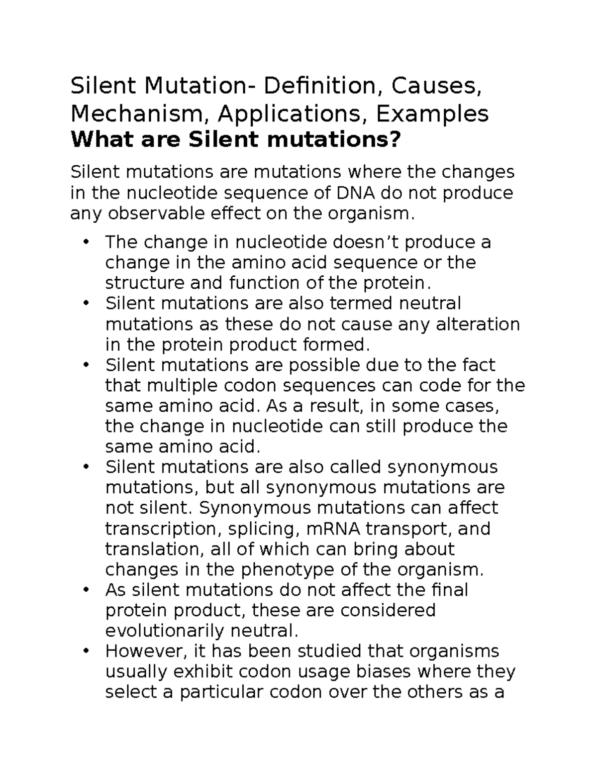 Bio 24 - Notes - Silent Mutation- Definition, Causes, Mechanism ...