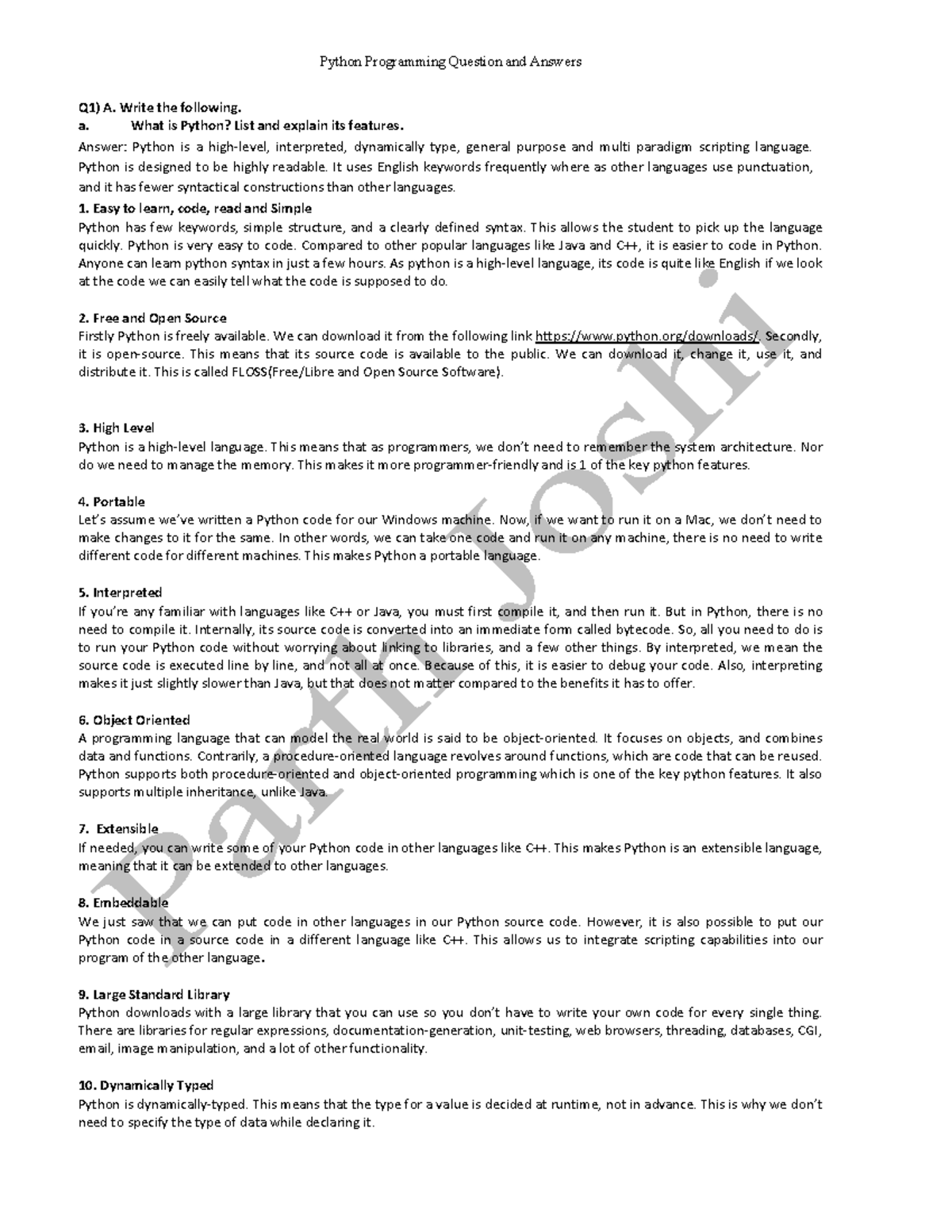 Python All Unit notes - Q1) A. Write the following. a. What is Python ...