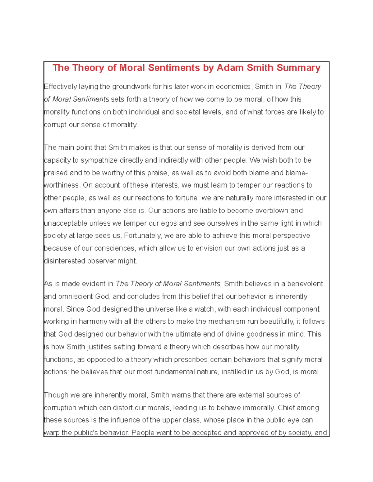 The Theory Of Moral Sentiments By Adam Smith Summary The Second Shift