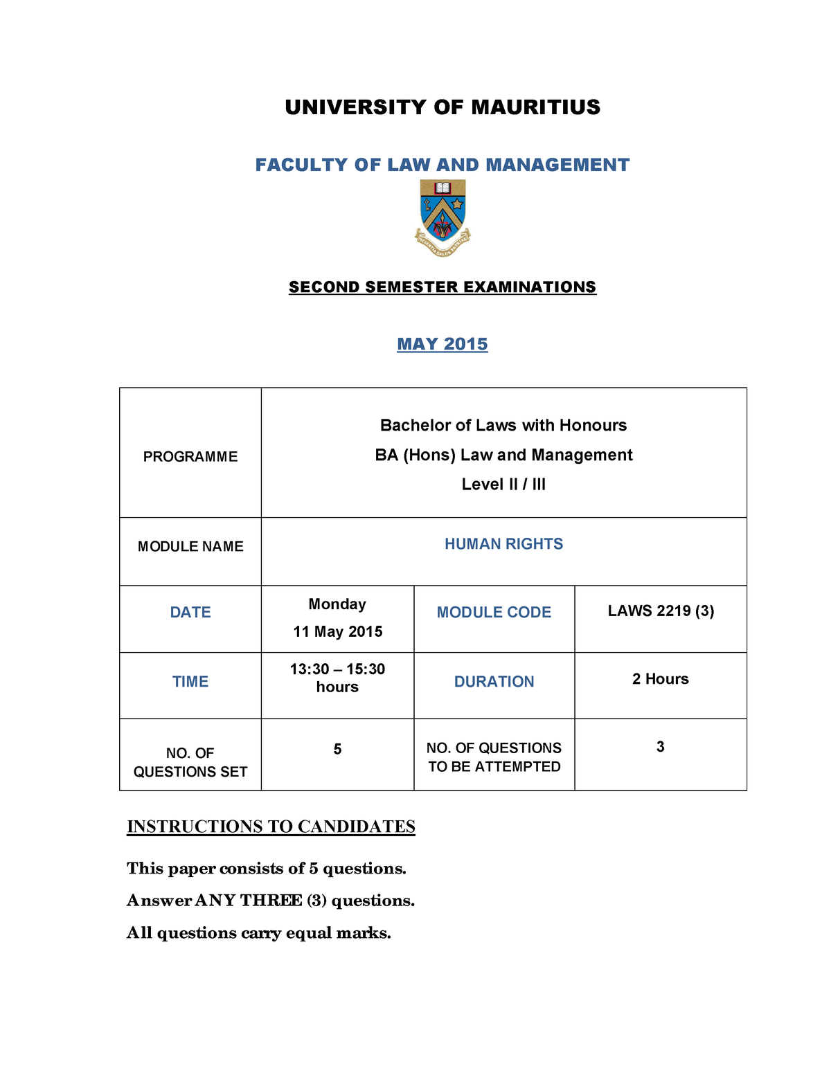 HR 2015 - past paper - UNIVERSITY OF MAURITIUS FACULTY OF LAW AND ...