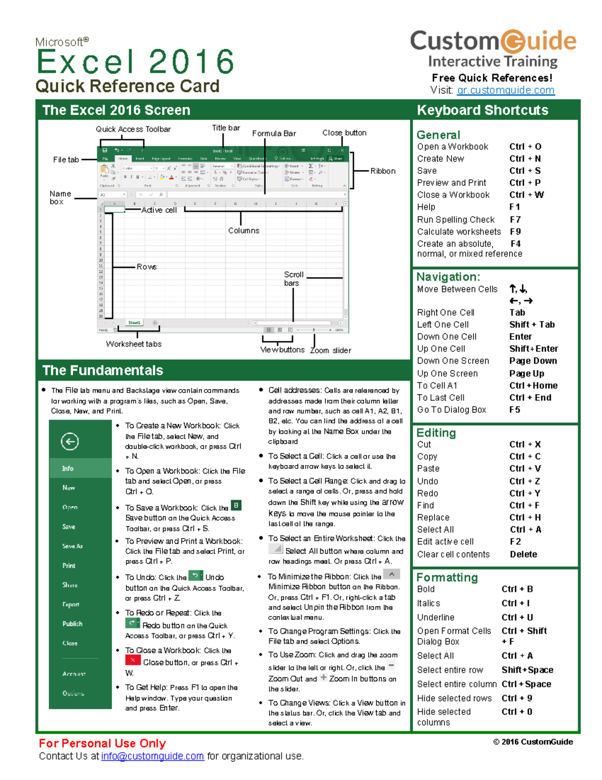 Quick Reference Card - Microsoft ® Ex c e l 2 0 1 6 Quick Reference ...