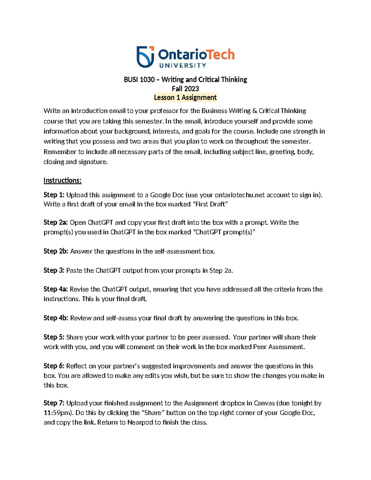 Lesson 1 Assignment F23-1 - BUSI 1030 – Writing and Critical Thinking ...