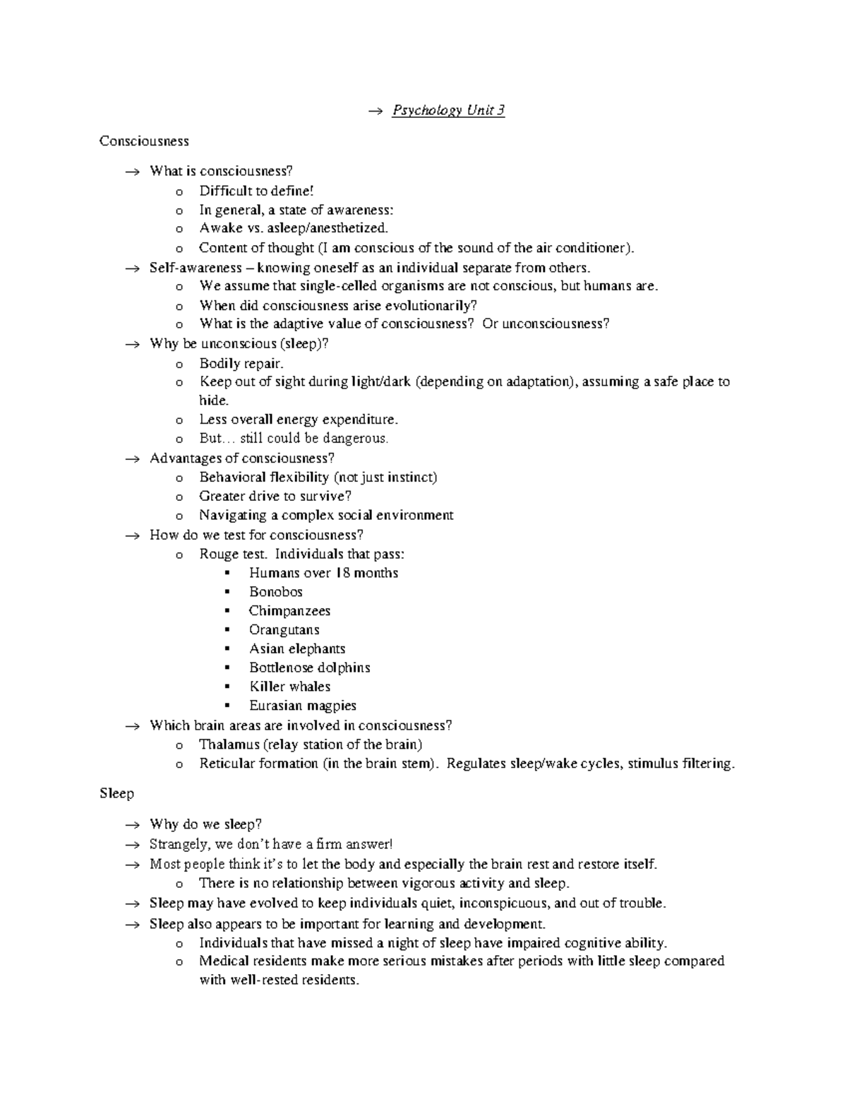 Psych 1010 Unit Three - → Psychology Unit 3 Consciousness → What is ...