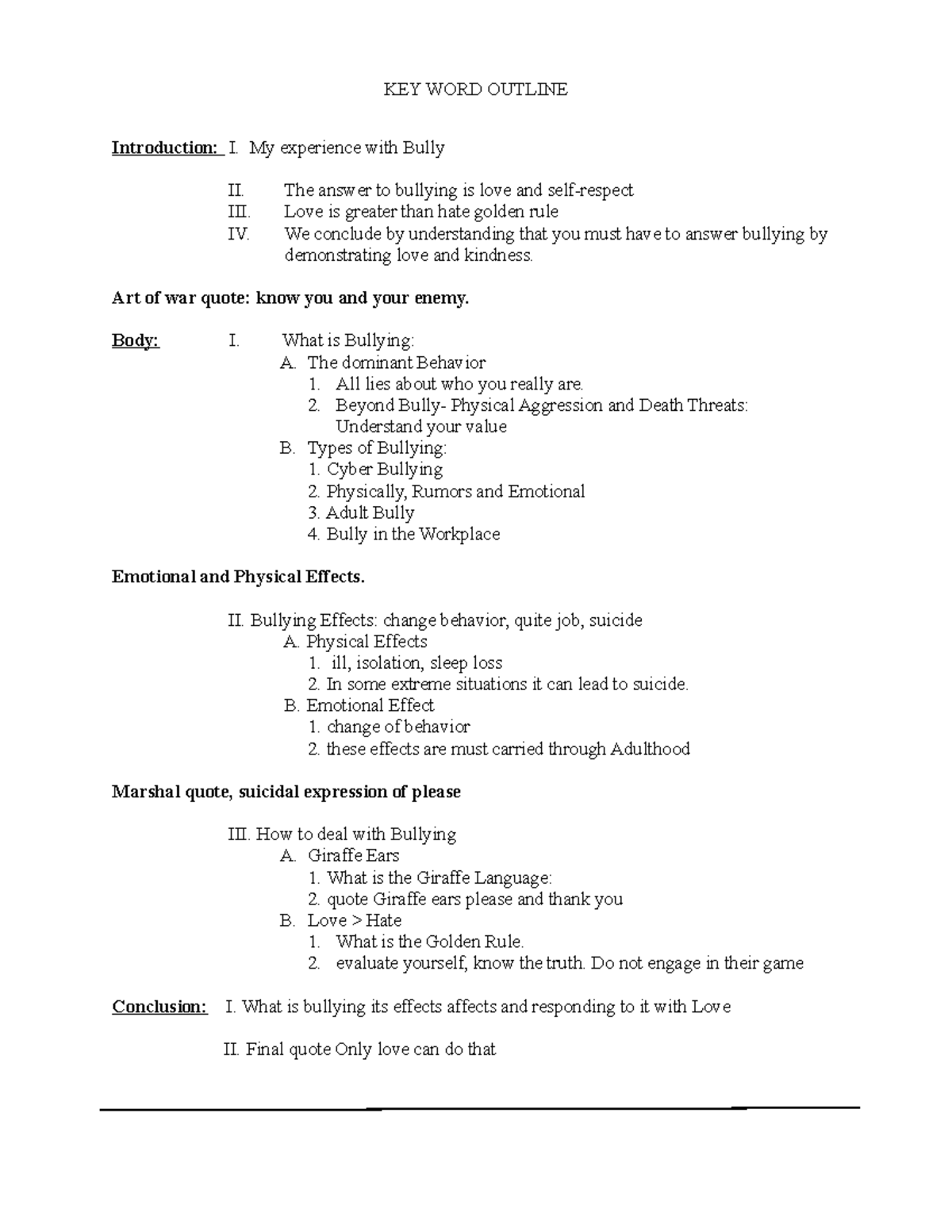 Key Word Outline - KEY WORD OUTLINE Introduction: I. My experience with ...