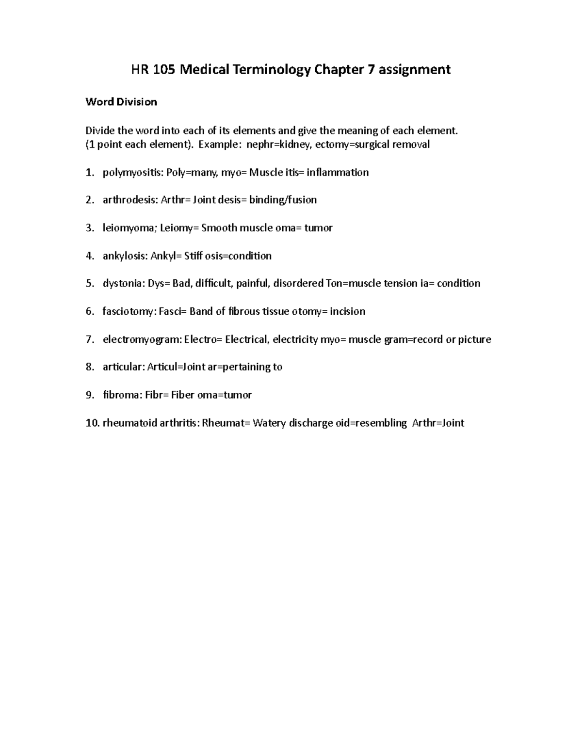 medical terminology chapter 7 assignment