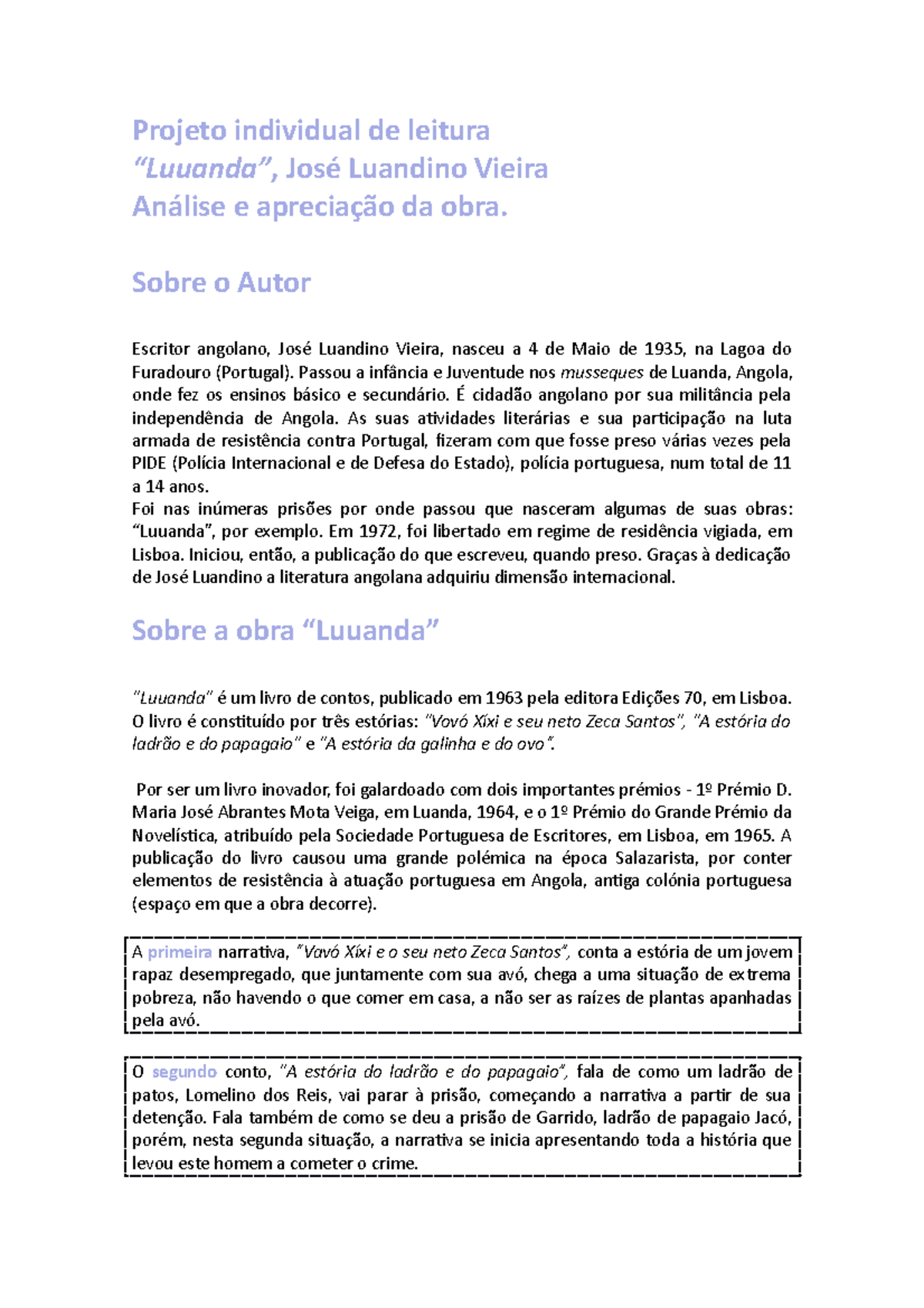 Análise da obra Luuanda - luandino vieira - Projeto individual de ...