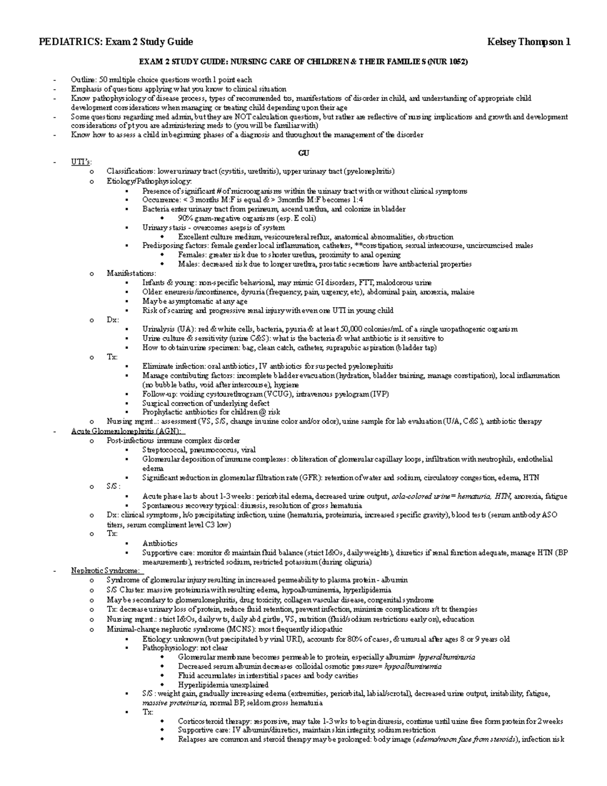 PEDS EXAM 2 Study Guide, Kelsey Thompson 2021 - EXAM 2 STUDY GUIDE ...