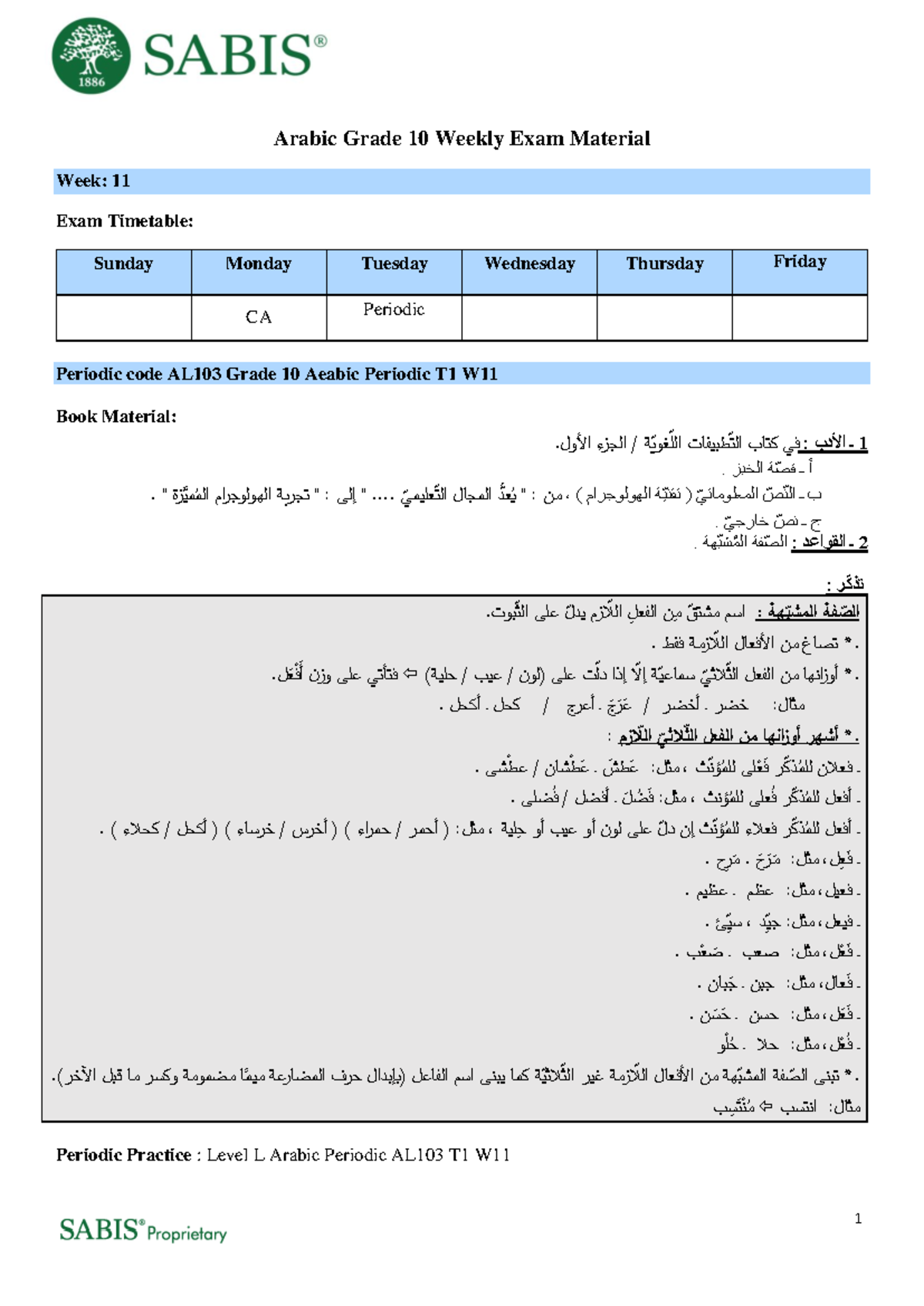 2223 Level L Arabic Exam Related Materials T1 W11 - 1 Arabic Grade 10 ...