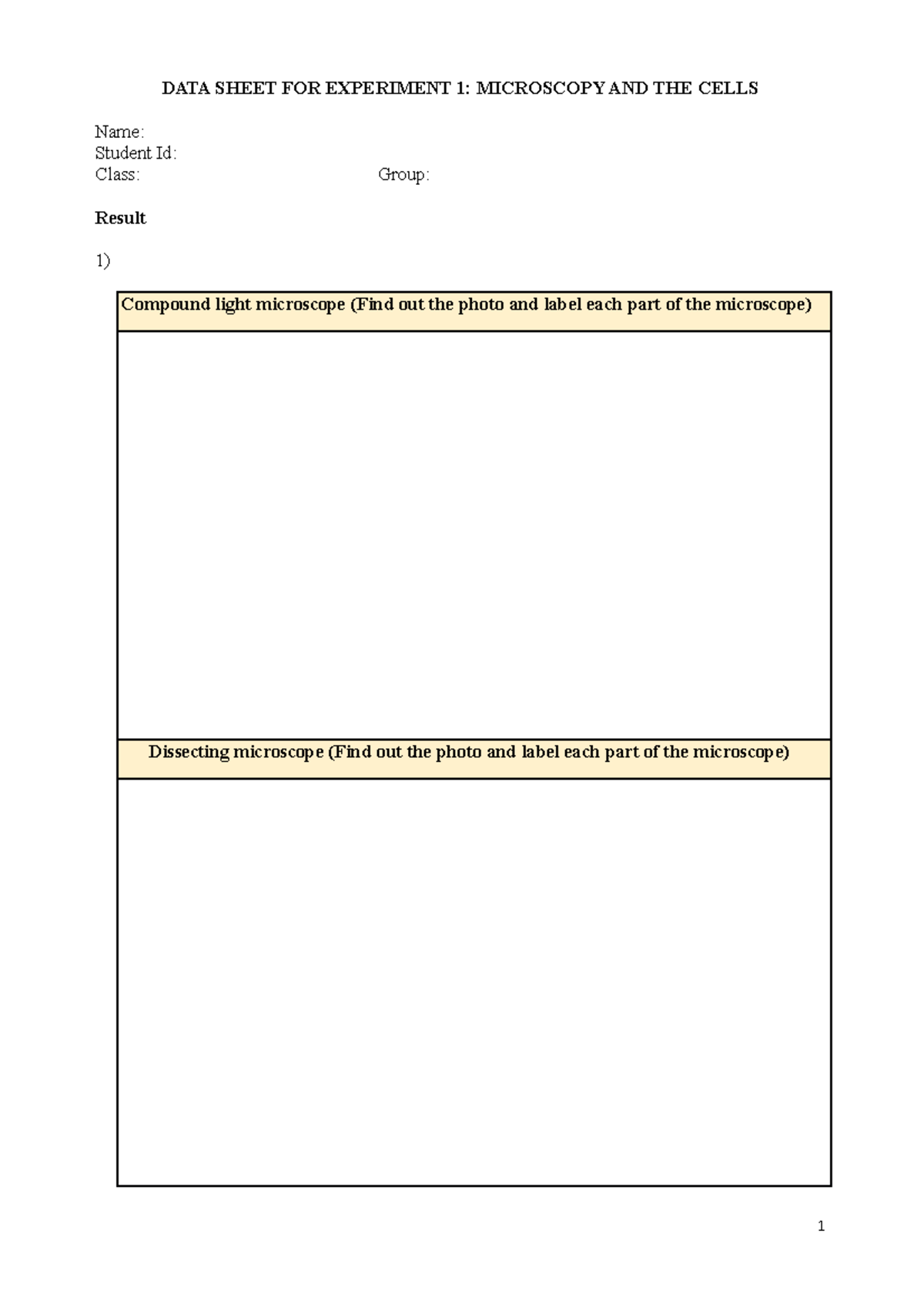 2.1 DATA Sheet FOR Experiment 1- Microscopy AND THE Cells (FOR Students ...