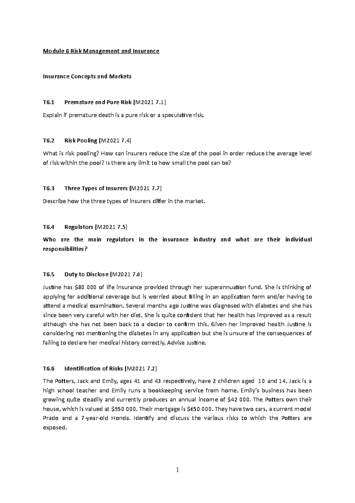 Tutorial M06 Questions - Module 6 Risk Management And Insurance ...