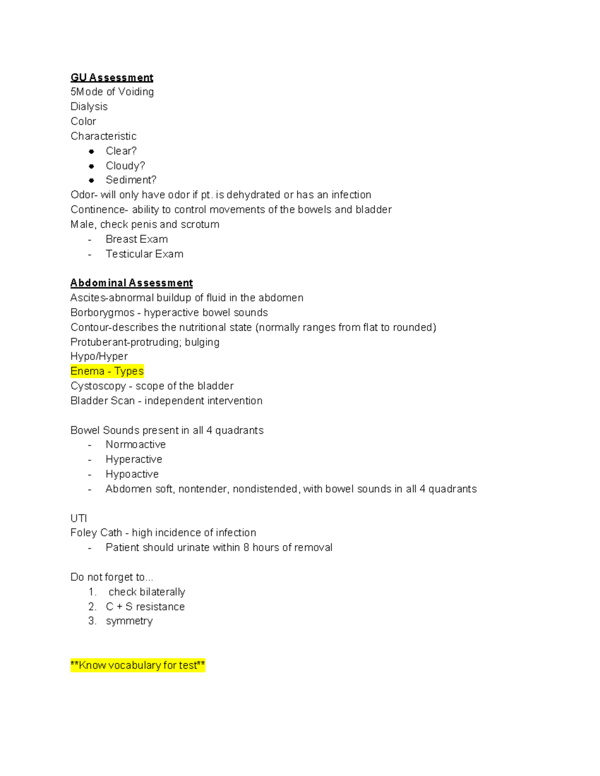 1020 Module 5 Session 1 - GU Assessment 5Mode of Voiding Dialysis Color ...