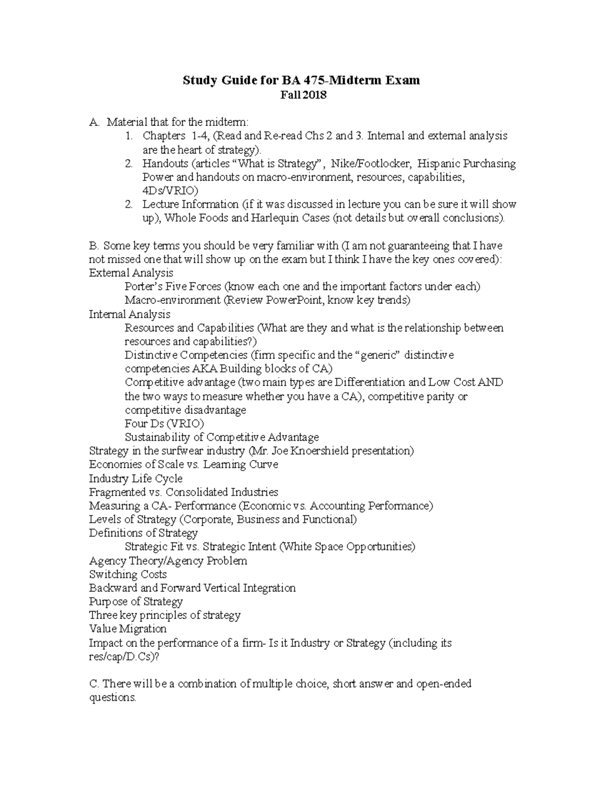 Study Guide #1 - Study Guide For BA Exam Fall 2018 A. Material That For ...