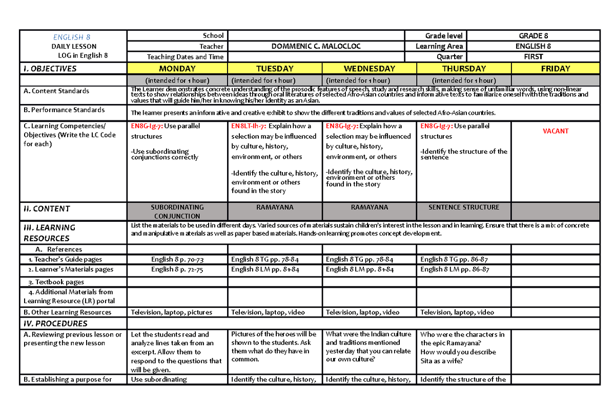 DLL Malocloc BSEd Eng 3B - ENGLISH 8 DAILY LESSON LOG in English 8 ...