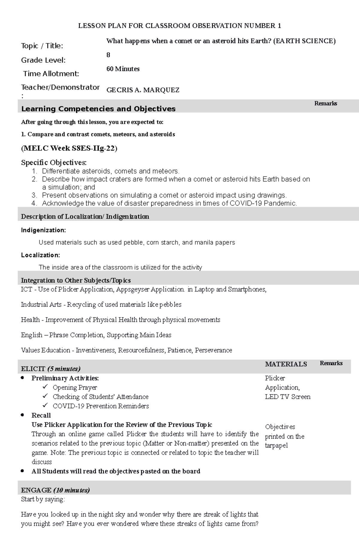 RL-Earth-Science - earth science material - LESSON PLAN FOR CLASSROOM ...