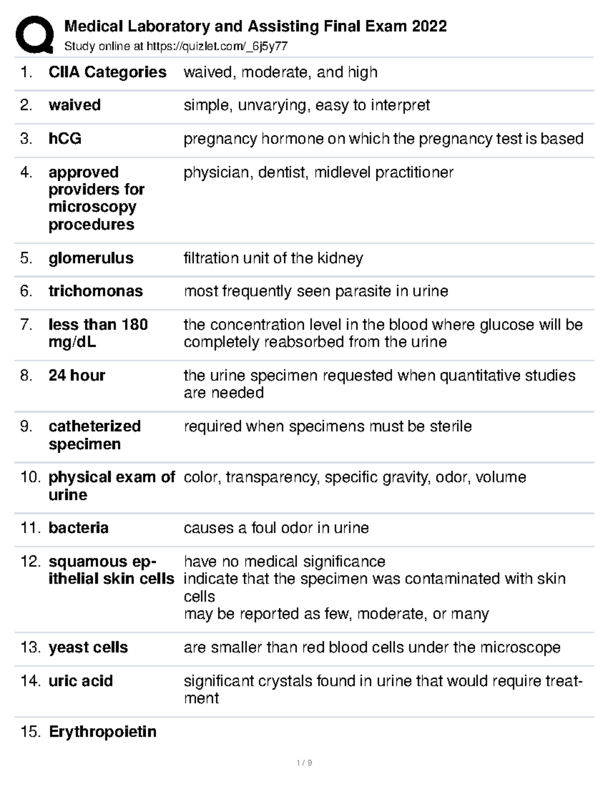 Medical Laboratory and Assisting Final Exam 2022 Study online at quizlet/_6j5y ClIA Categories