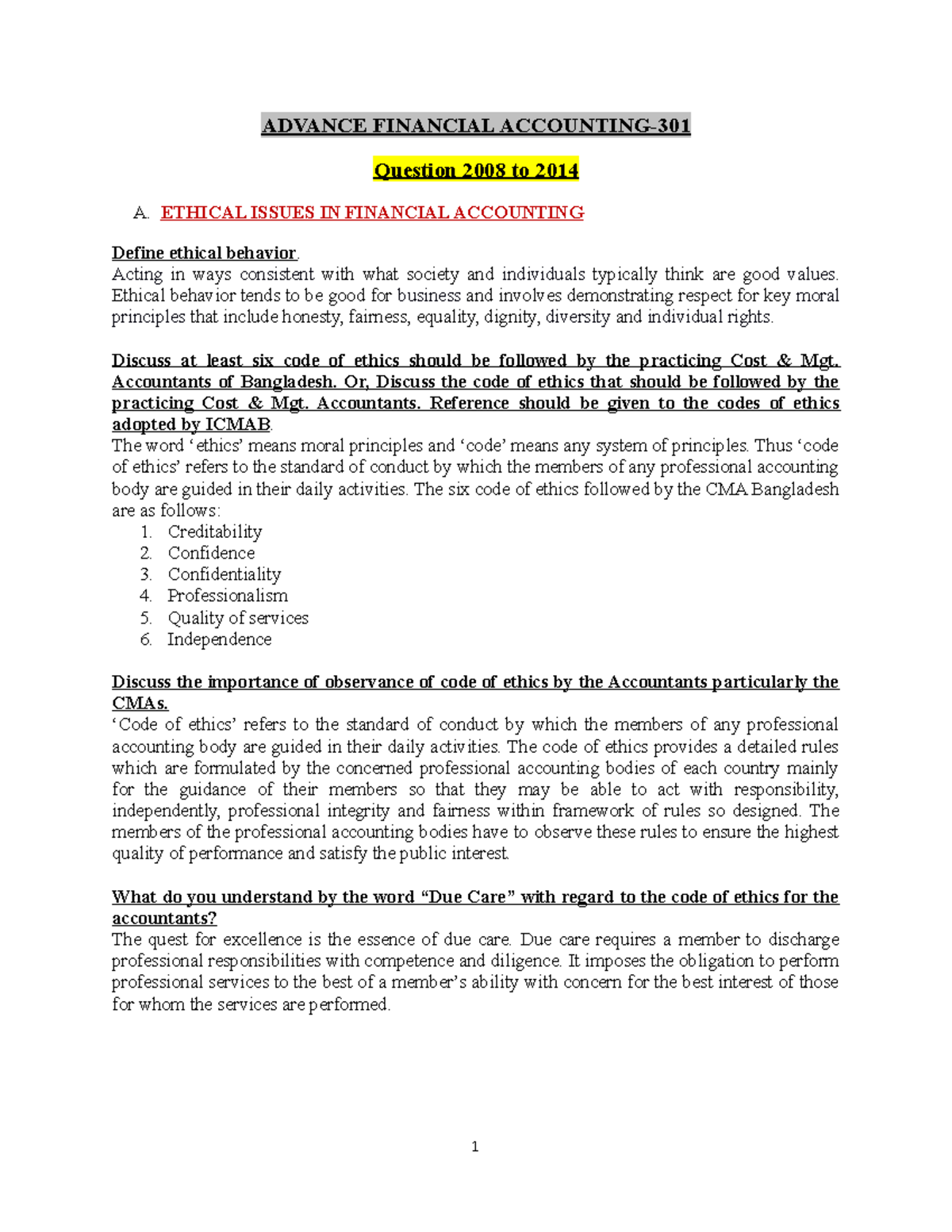 AFA-2 Question Answer- Adv. Financial Acctg-301 - ADVANCE FINANCIAL ...