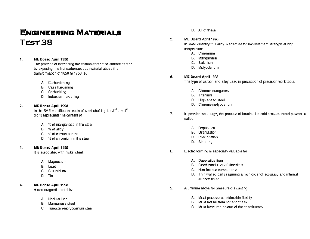 Engineering Materials Test 38 - A. Carbonitriding B. Case hardening C ...
