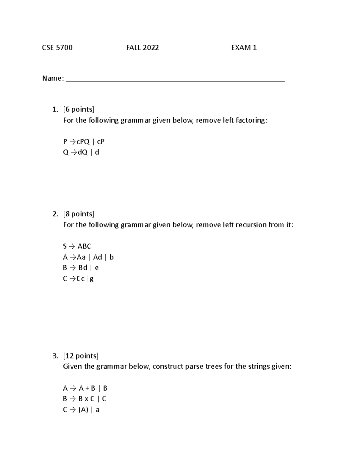EXAM 1 Part2 - practice problems - CSE 5700 FALL 2022 EXAM 1 Name ...