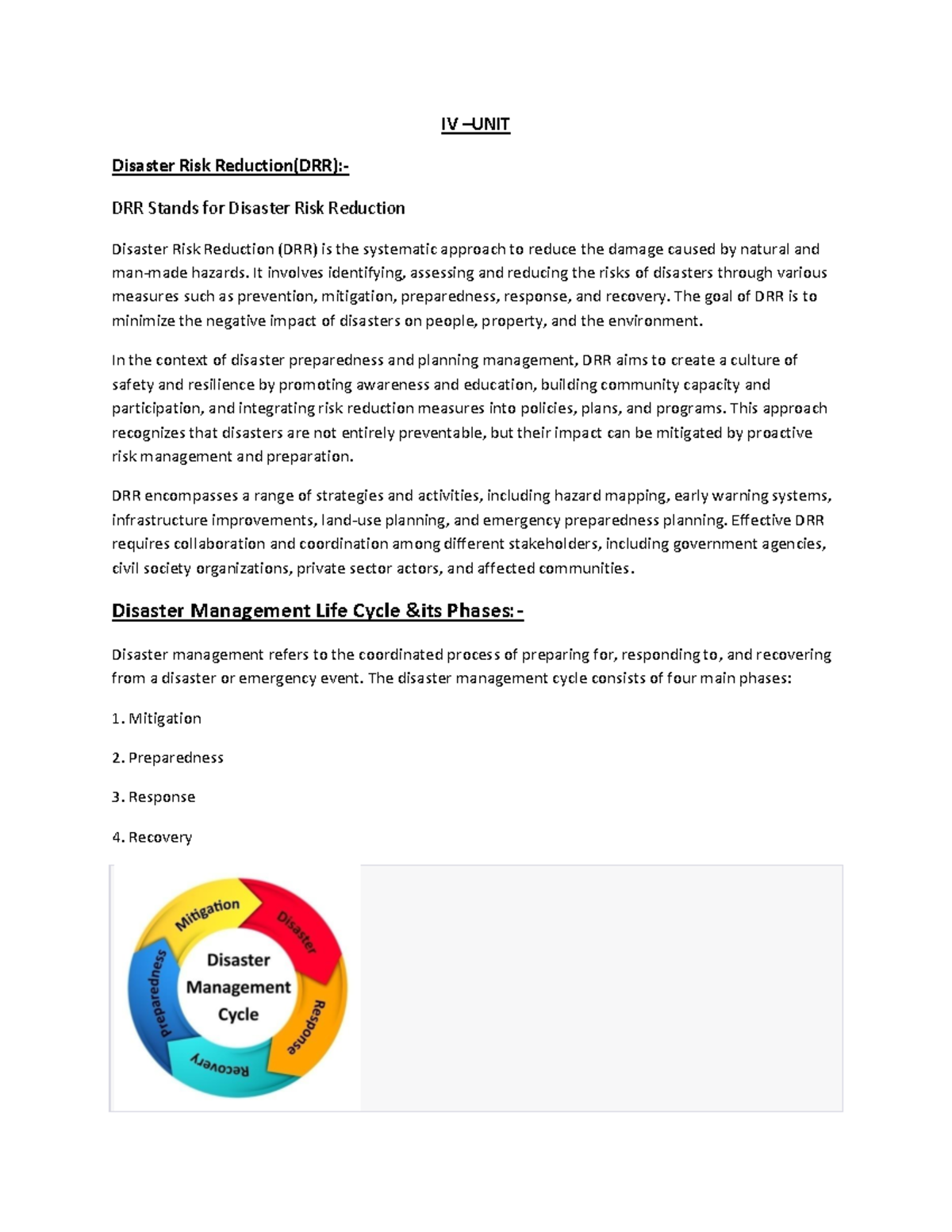 DPPM UNIT-4 Material - Lecture Notes - IV – UNIT Disaster Risk ...