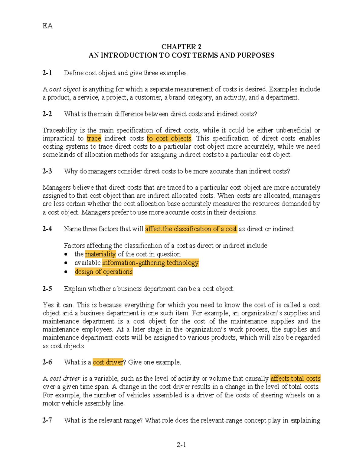 Solution Chap 2 CHAPTER 2 AN INTRODUCTION TO COST TERMS AND PURPOSES