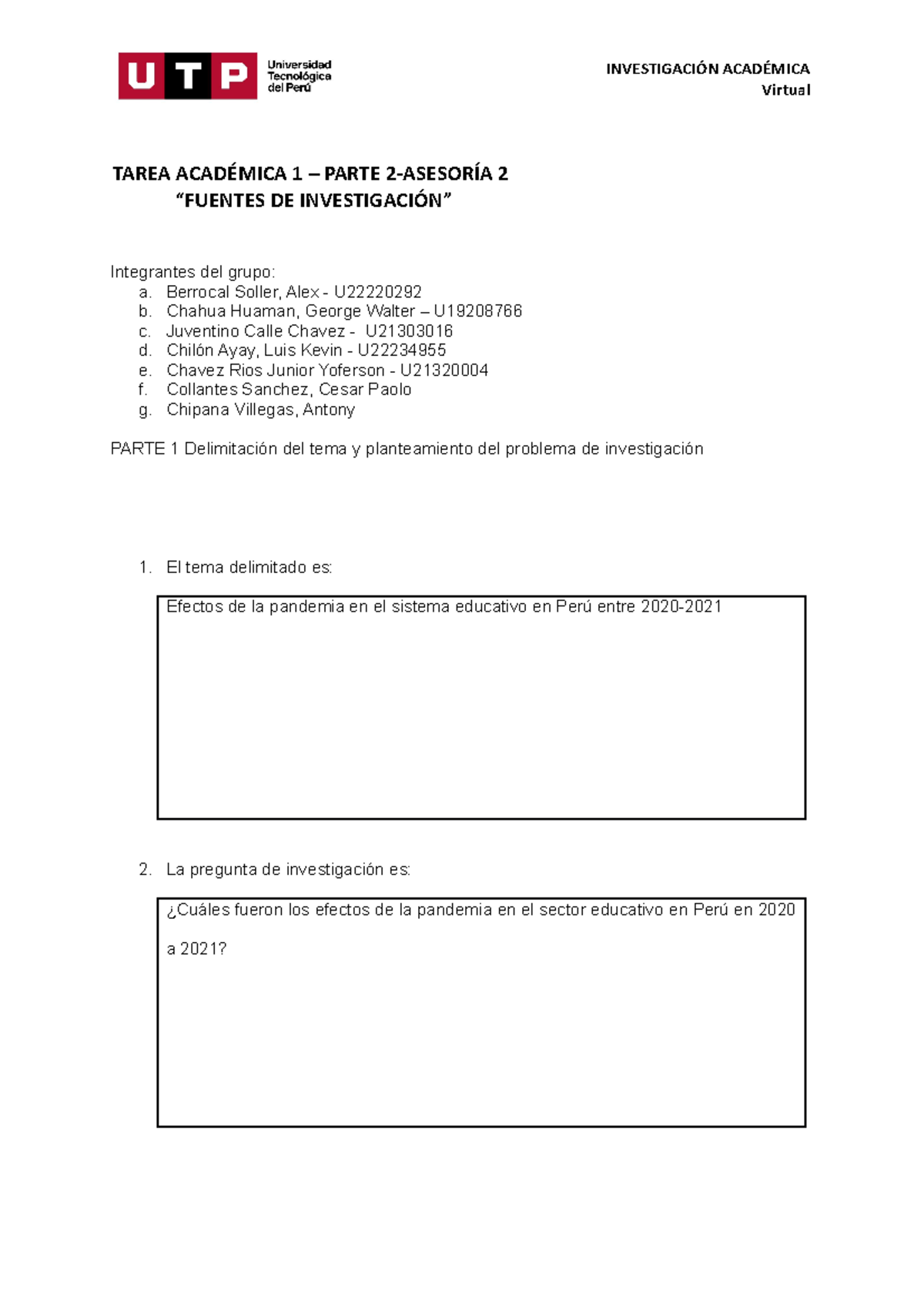 TA-2 Investigación - adlaj adlwajdad adawd - TAREA ACADÉMICA 1 – PARTE ...