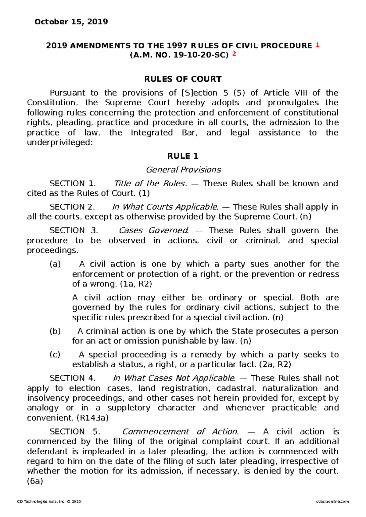 Amendments to civil procedure A.M - October 15, 2019 2019 AMENDMENTS TO ...
