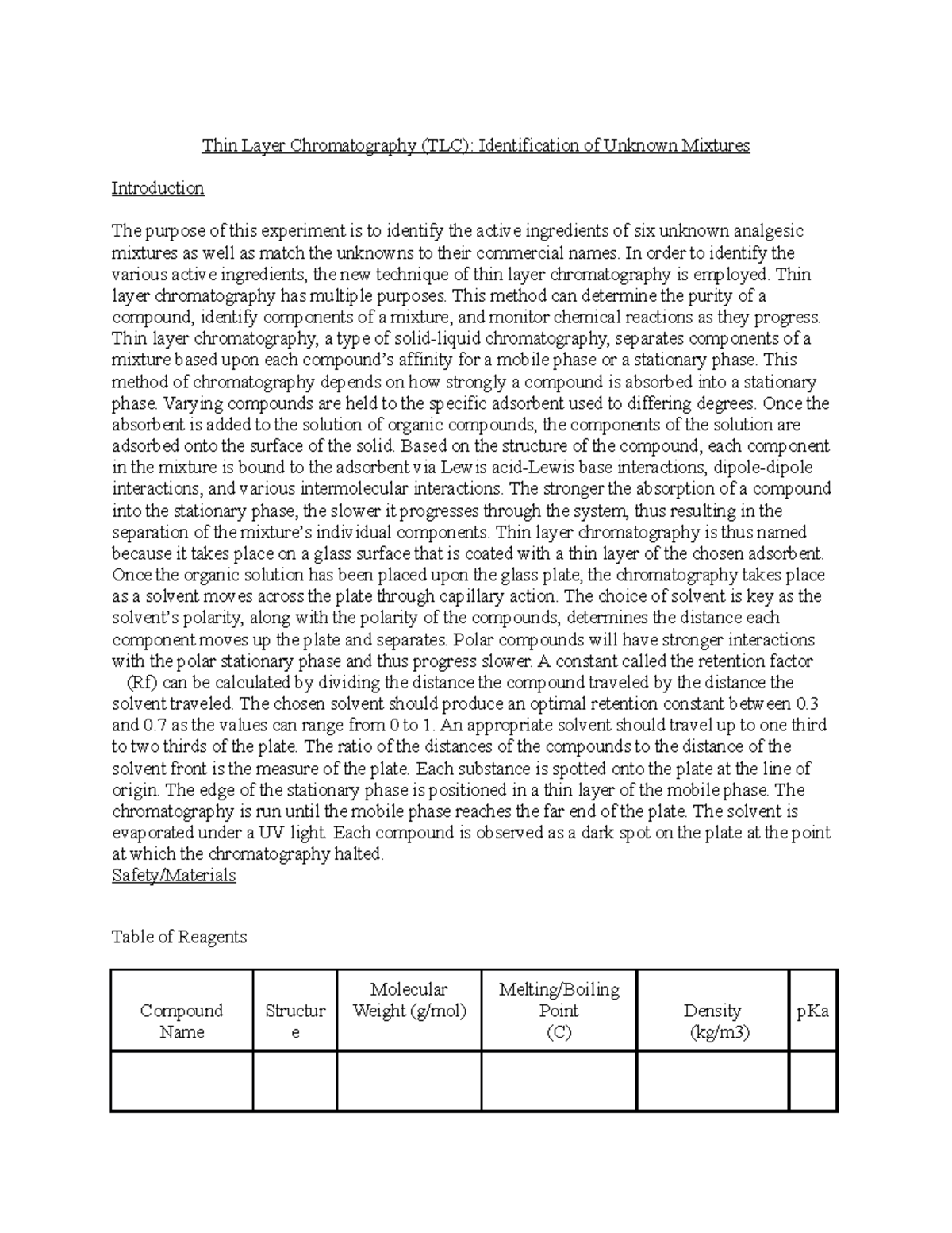 TLC Pre Lab cf Introduction, Table of Reagents, and Procedure