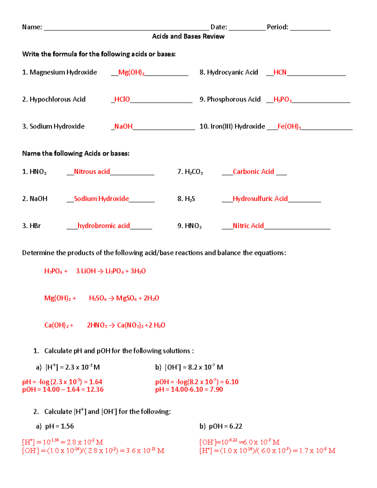 Acids and bases Review key Name