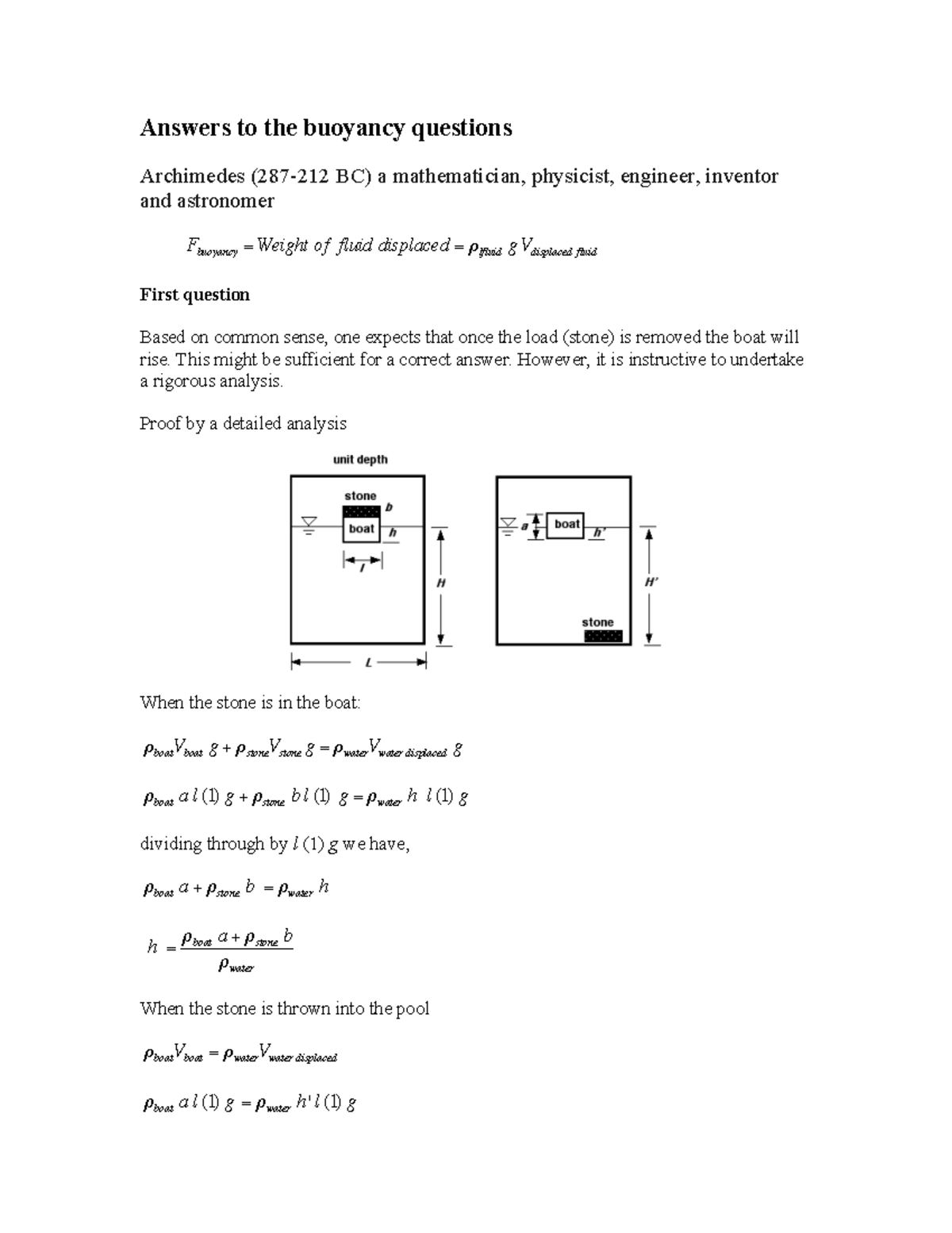 Answers to the buoyancy questions Answers to the buoyancy questions