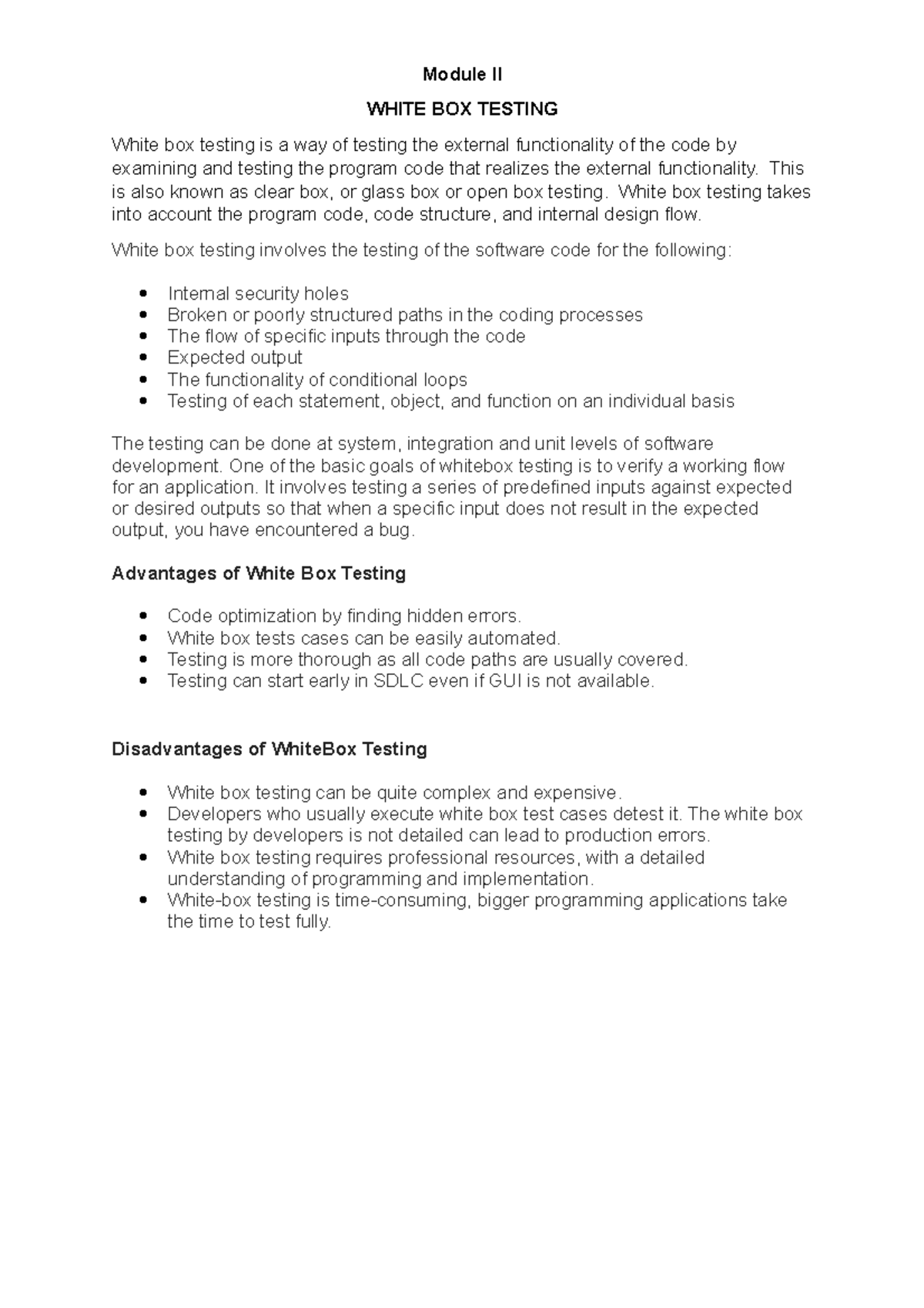 St2modulenw - Lecture note - Module II WHITE BOX TESTING White box ...