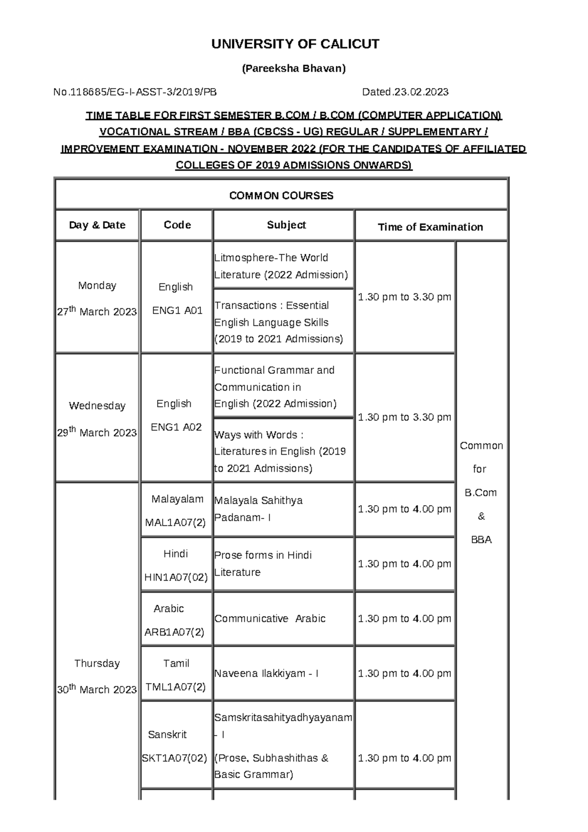 TT-1st Sem B.Com BBA - UNIVERSITY OF CALICUT (Pareeksha Bhavan) No/EG-I ...