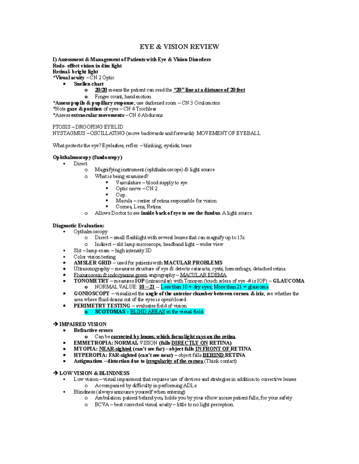 Vision & Hearing Review - Copy - EYE & VISION REVIEW I) Assessment ...