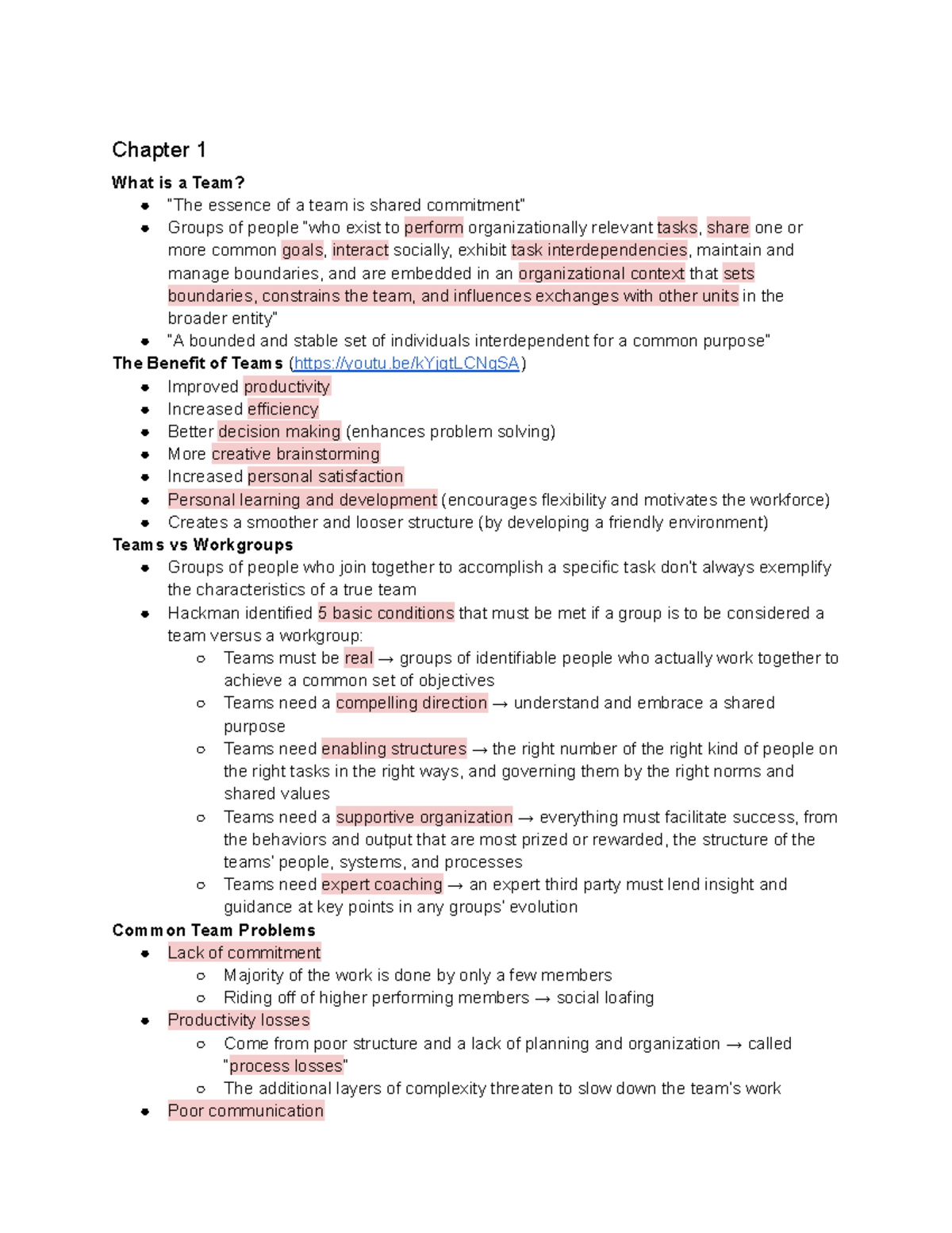 Mgt notes - Chapter 1 What is a Team? “The essence of a team is shared ...