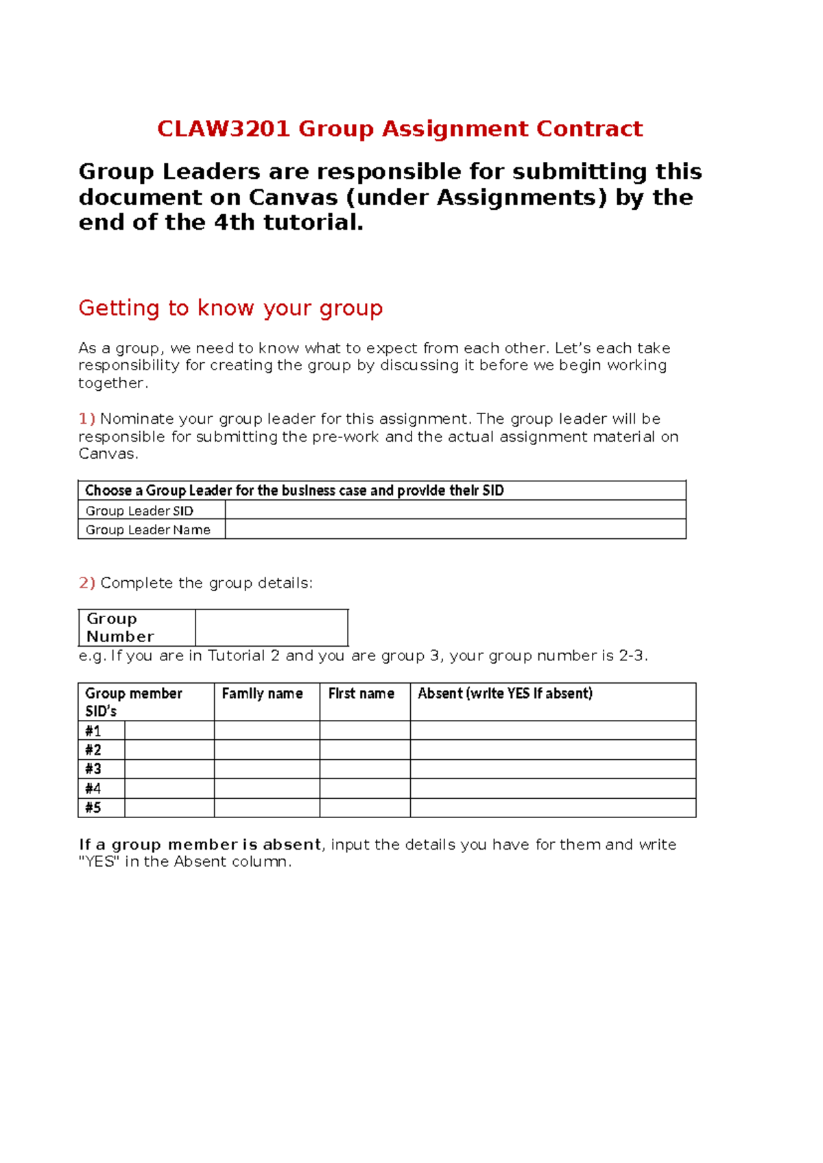 CLAW3201 Group Assignment Contract - Getting to know your group As a ...