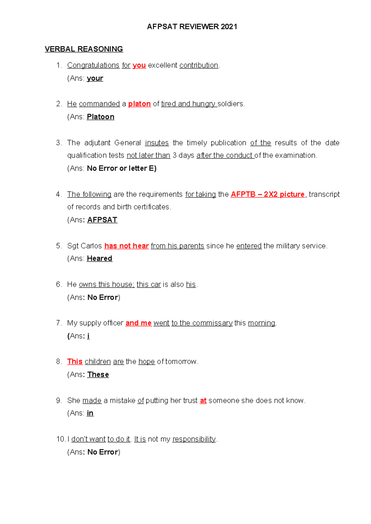 Afpsat- Reviewer-2021 - VERBAL REASONING Congratulations For You ...