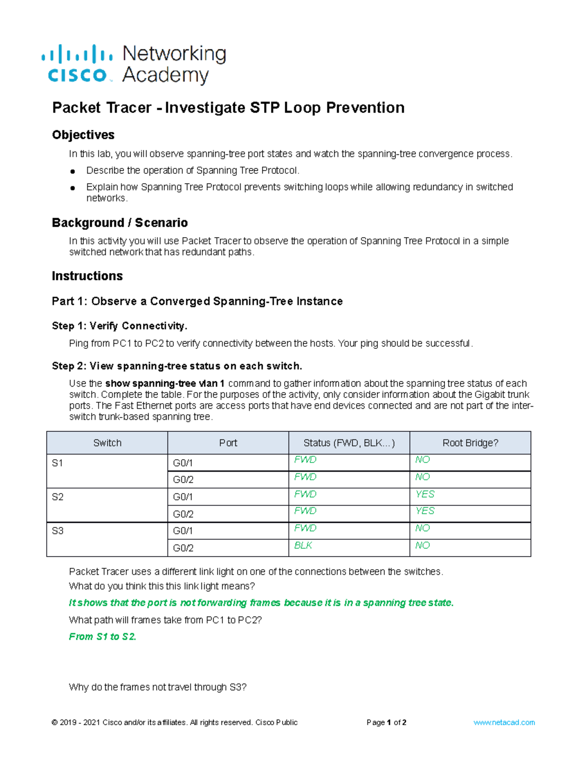 5.1.9 Packet Tracer - Investigate STP Loop Prevention - Packet Tracer ...