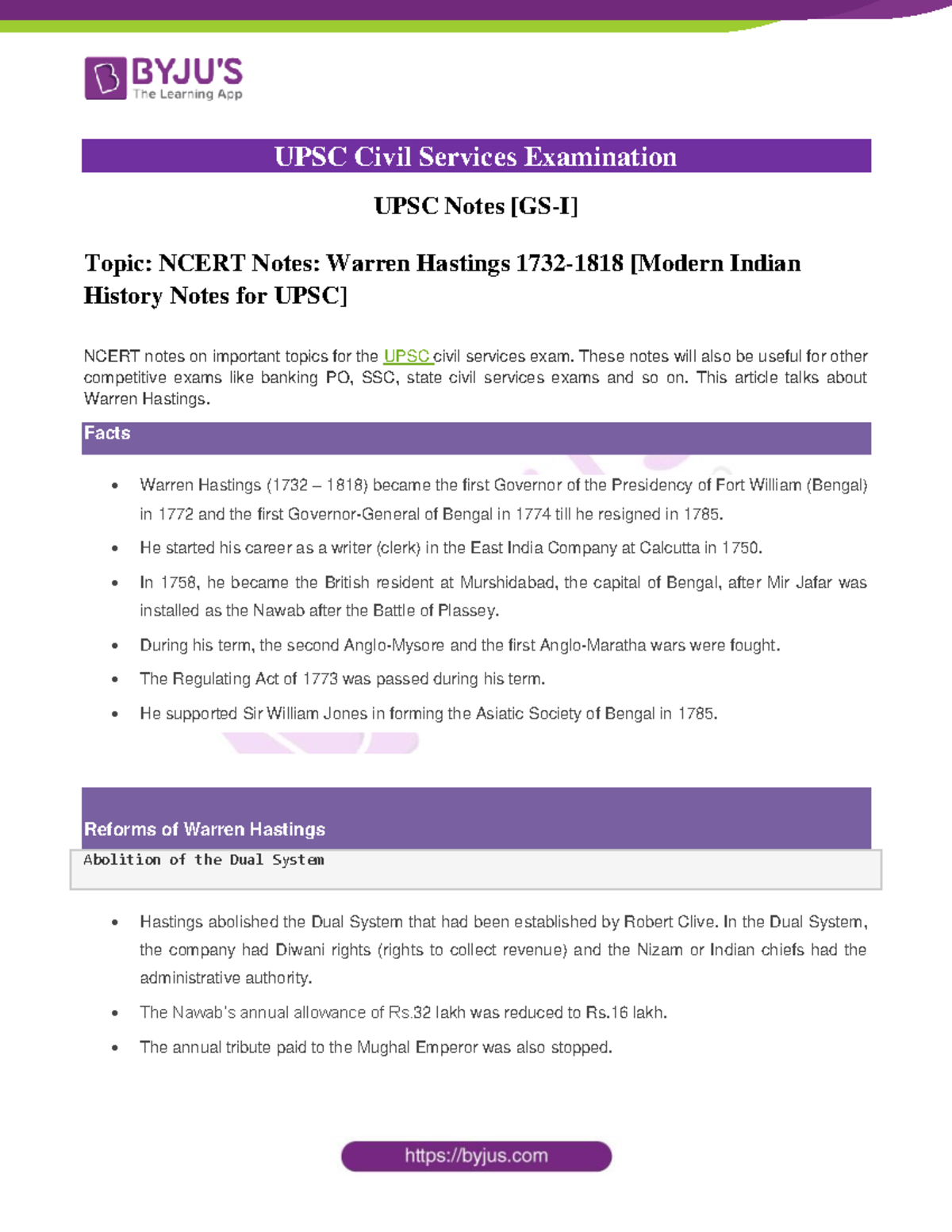 Warren Hashtings UPSC Notes - UPSC Civil Services Examination UPSC ...