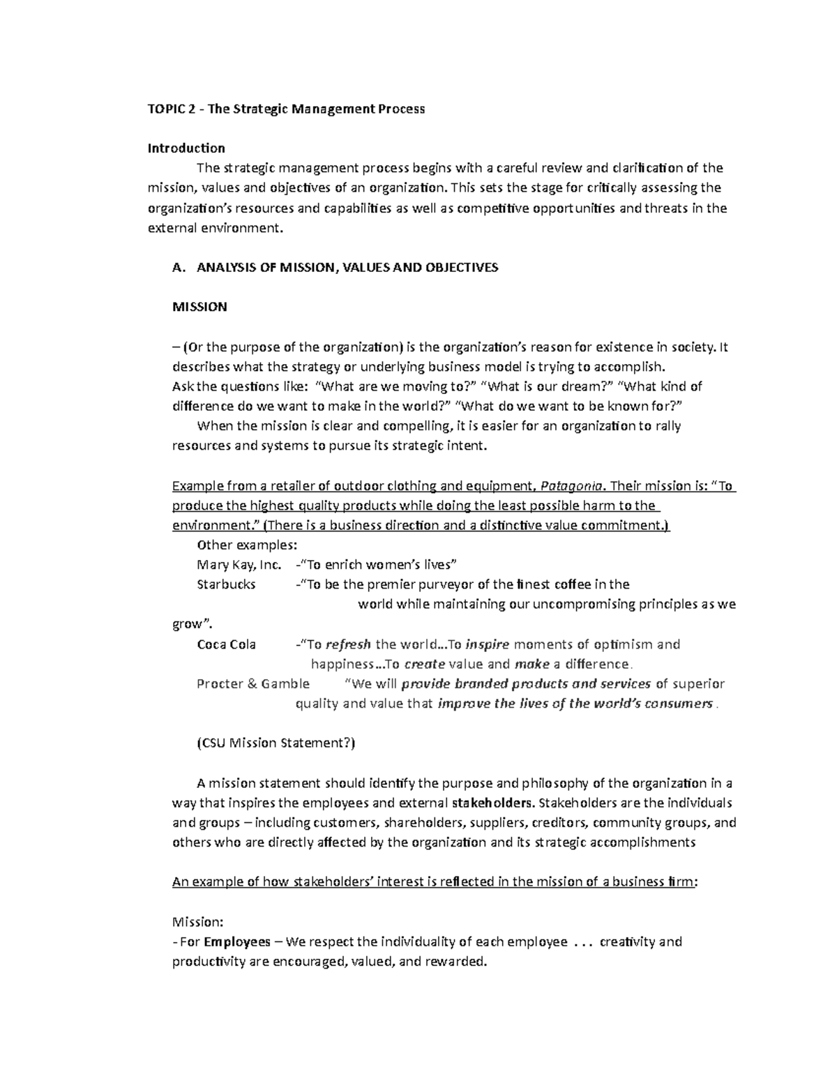 Topic 2 Strat Man - Lecture notes 2 - TOPIC 2 - The Strategic ...