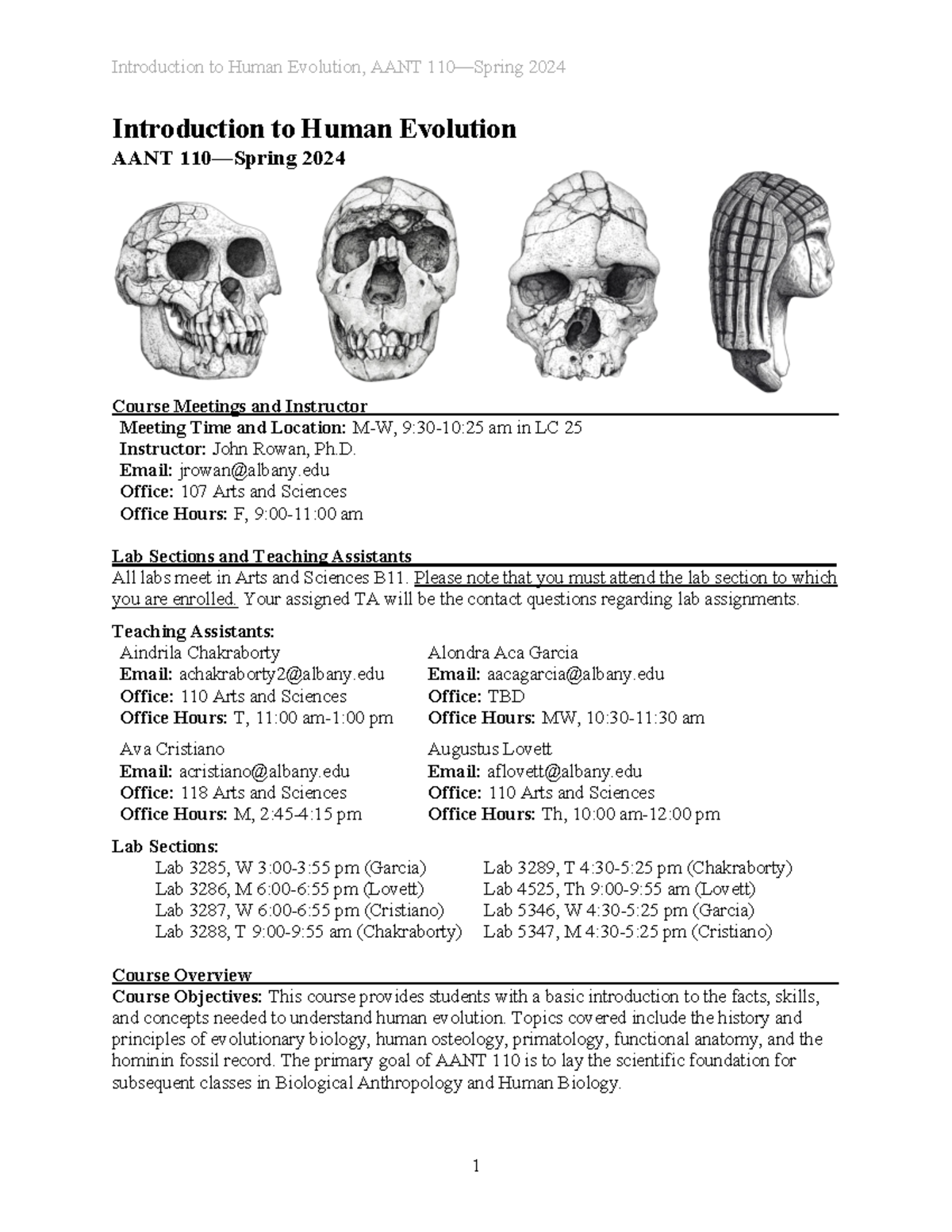 A ANT 110 S24 Syllabus - Introduction to Human Evolution AANT 110 ...