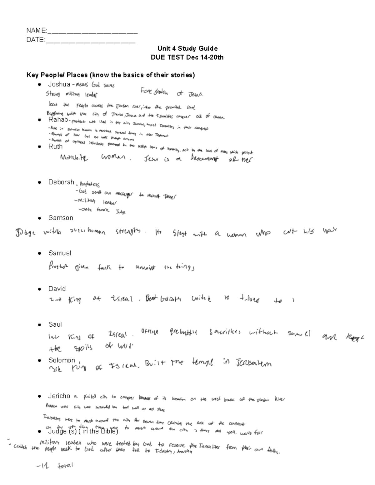Theo 9 Unit 4 Study Guide Historical Prophets and Wisdom Books - NAME
