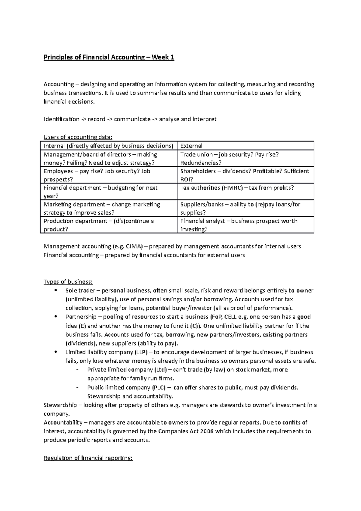 PFA Week 1 notes Principles of Financial Accounting Week 1
