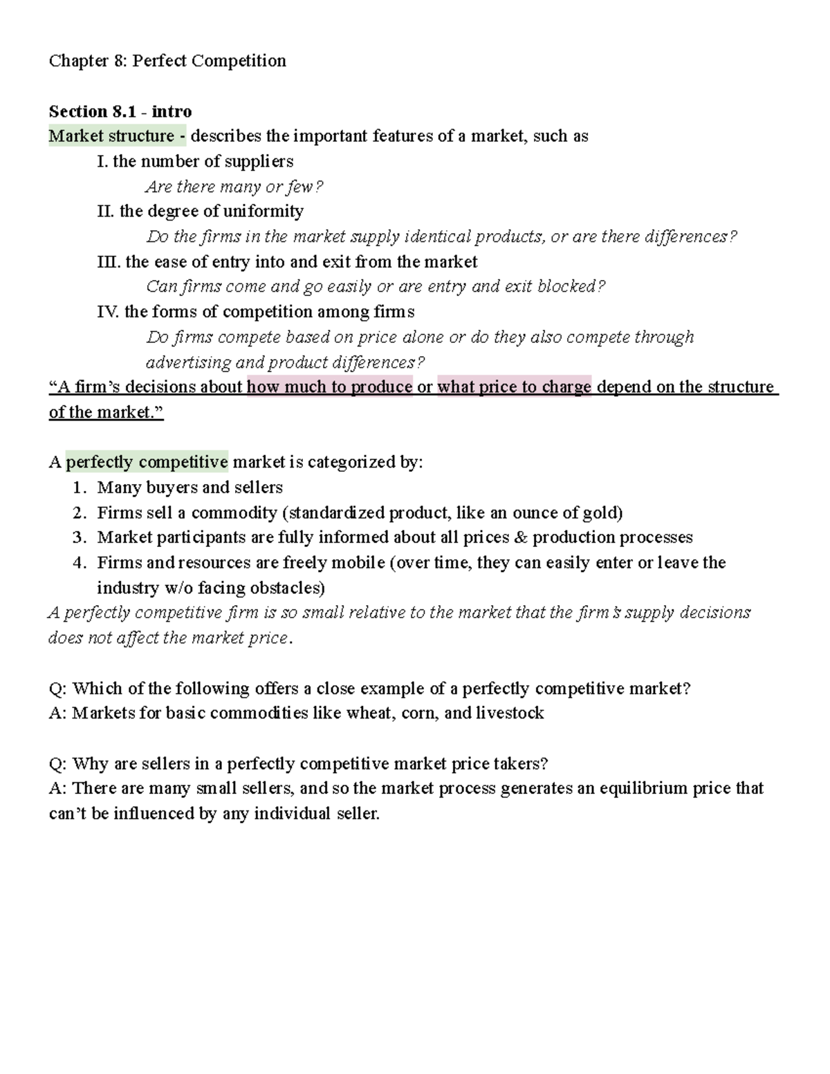 Econ Chapter 8 Notes - Chapter 8: Perfect Competition Section 8 - Intro ...