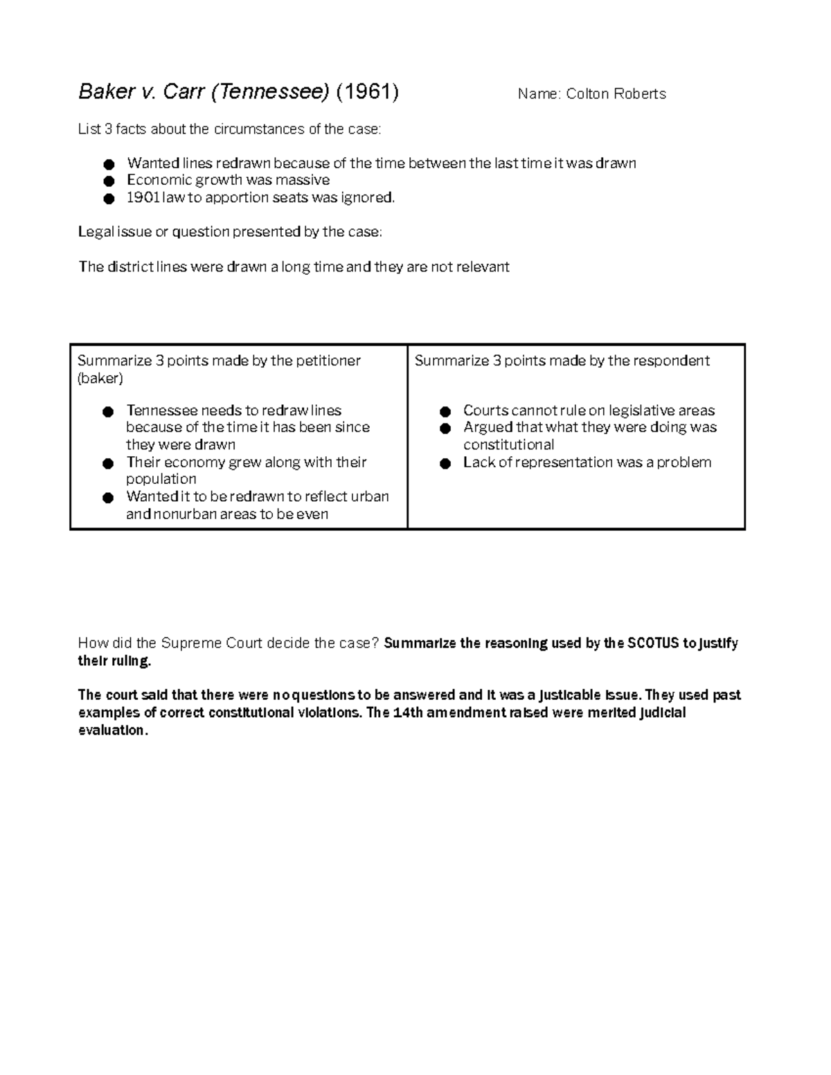 Baker and Shaw Case Briefs with FRQ Baker v. Carr (Tennessee) (1961