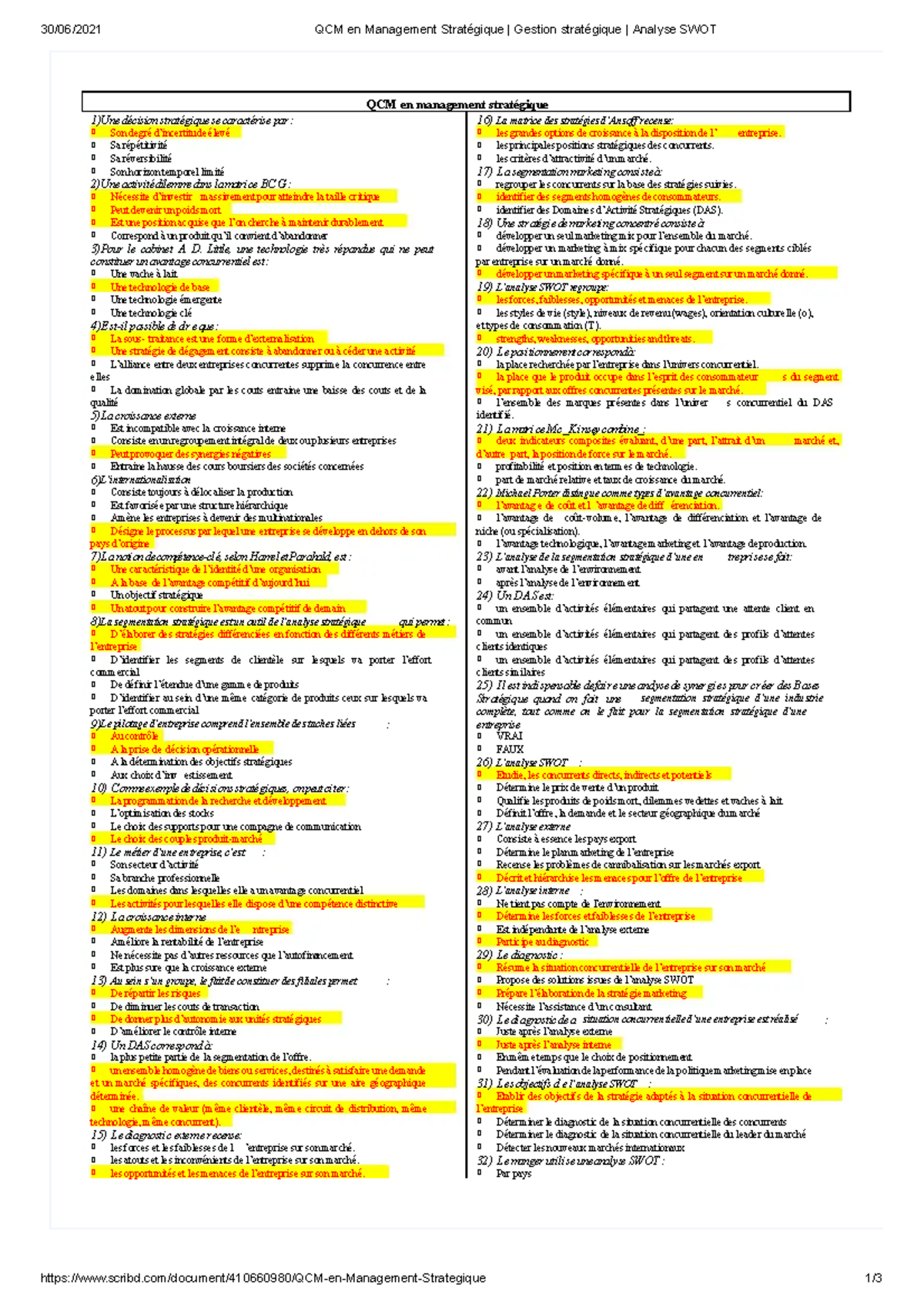 Qcm En Management Strategique Gestion Strategique A - 30/06/2021 QCM En ...