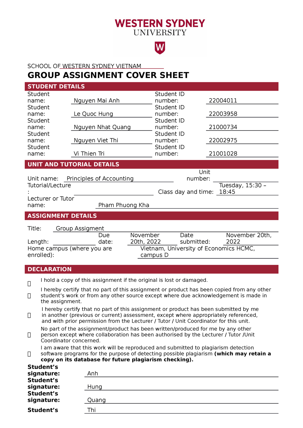 western sydney university assignment cover sheet