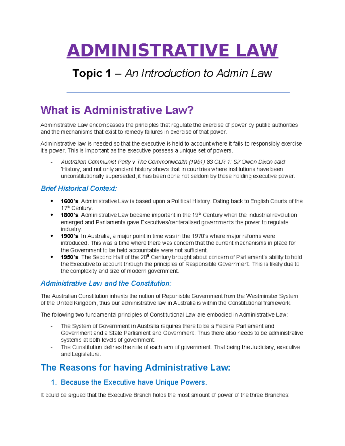 Topic 1 - ADMINISTRATIVE LAW Topic 1 – An Introduction to Admin Law ...